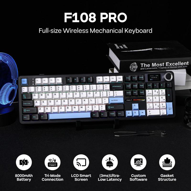 Teclado sem fio para jogos EPOMAKER X Aula F108 PRO azul e branco